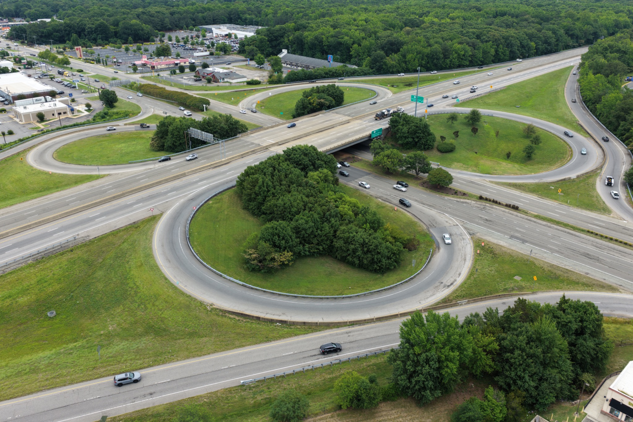 Aerial view of the Midlothian highway interchange and surrounding transportation infrastructure