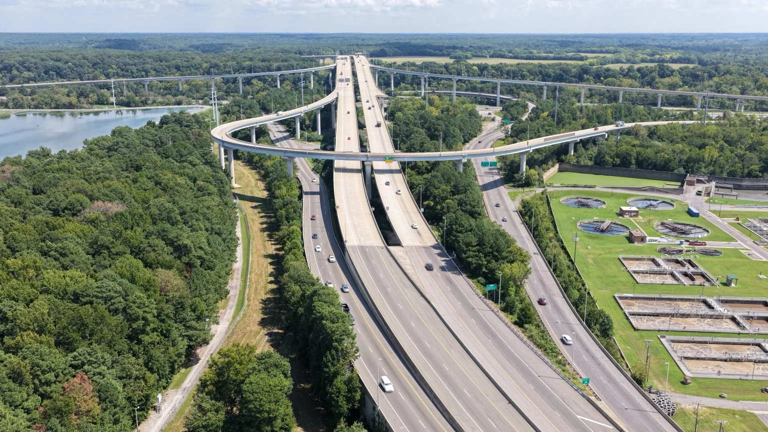 Centered interchange view documenting highway geometry and surrounding infrastructure.