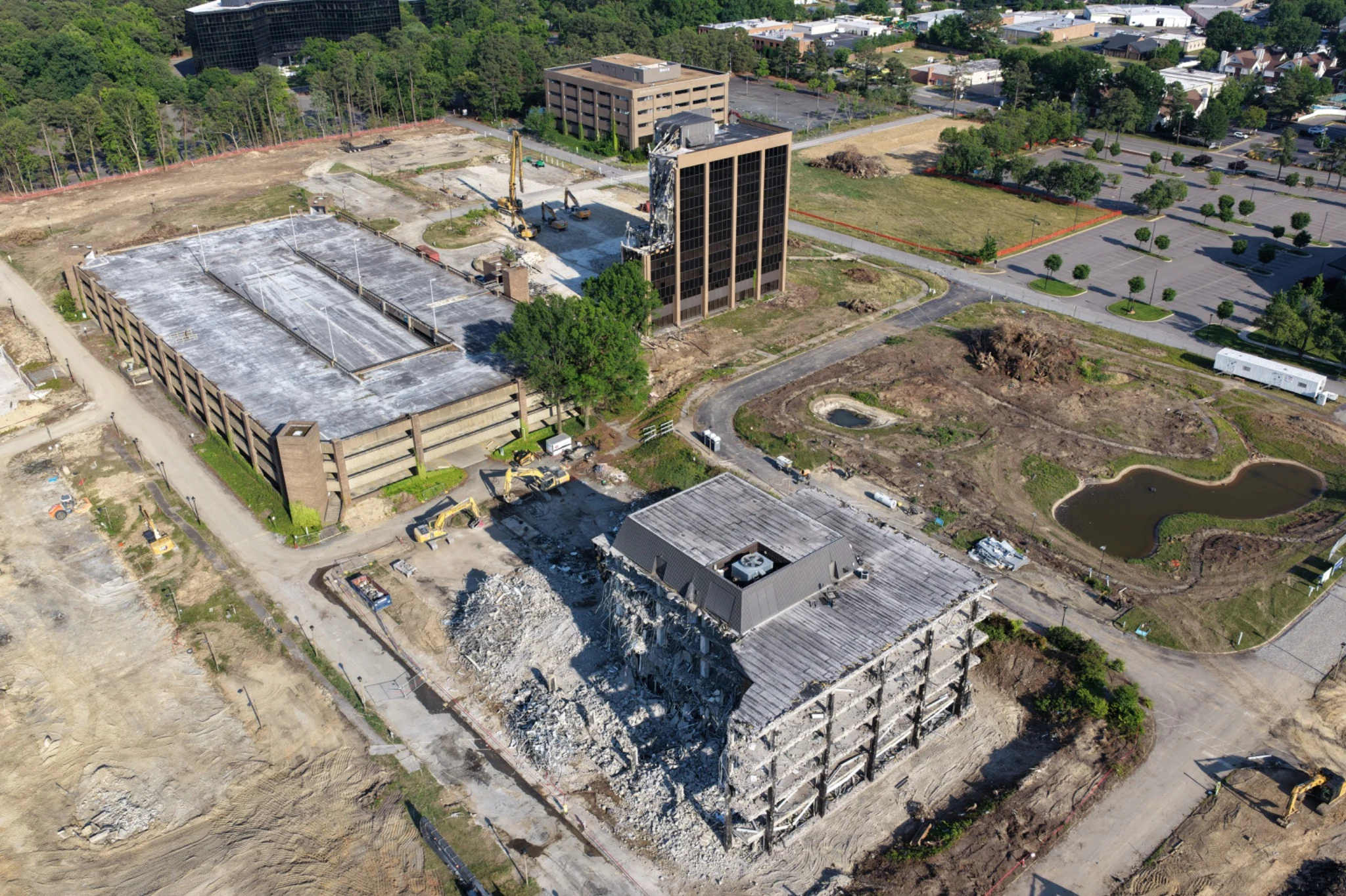 Aerial view of active structural demolition at Midtown redevelopment