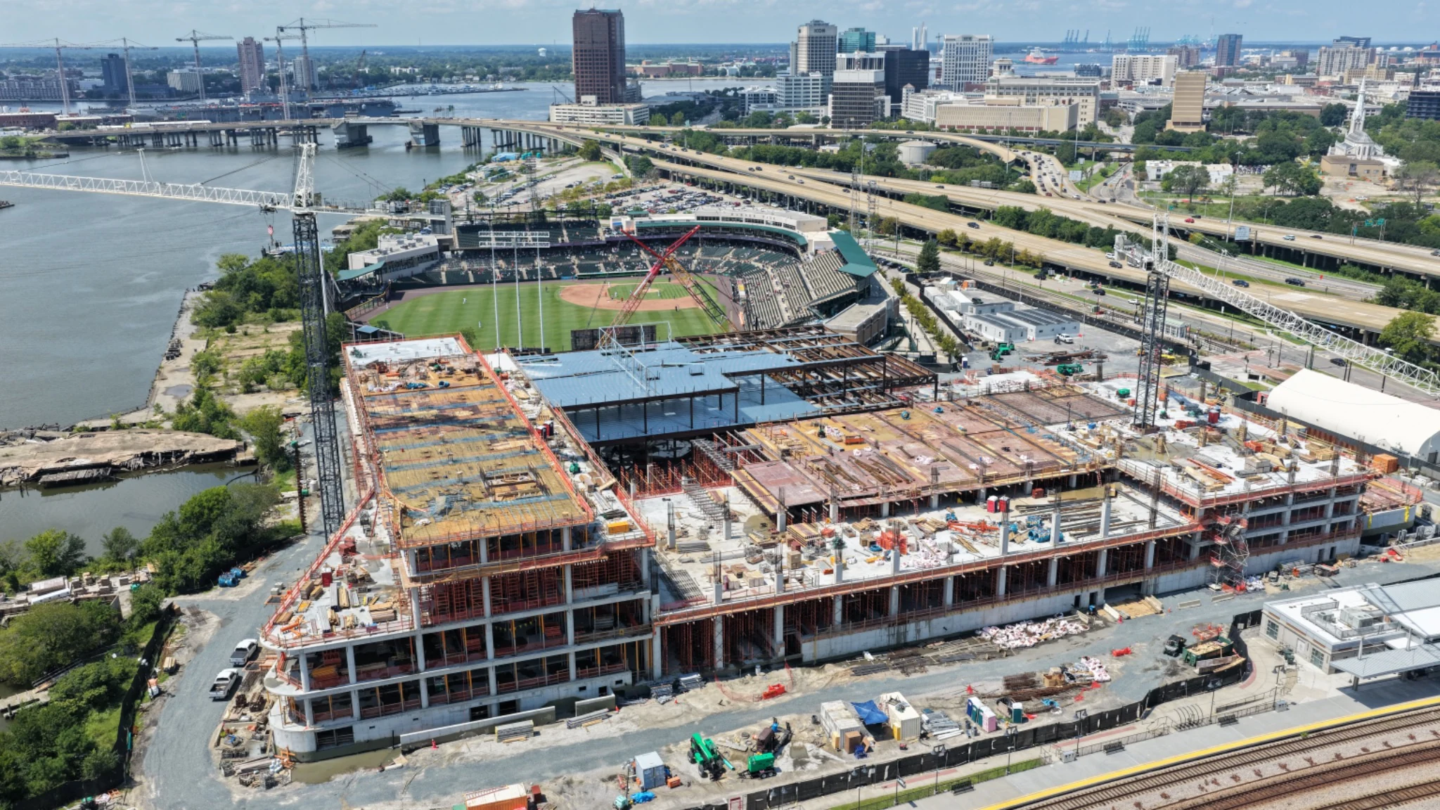 Norfolk casino construction with Harbor Park, city and river context