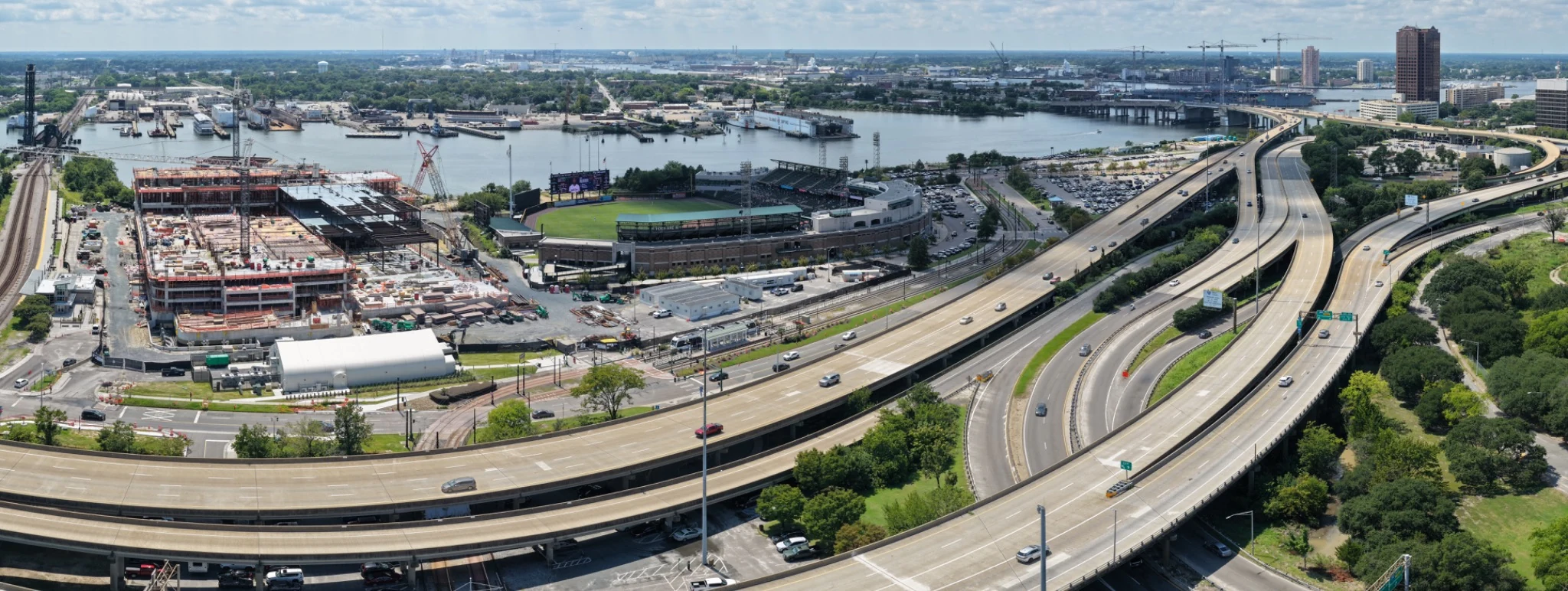 Panoramic Norfolk casino, highway, city, ballpark, rail and shipyard context