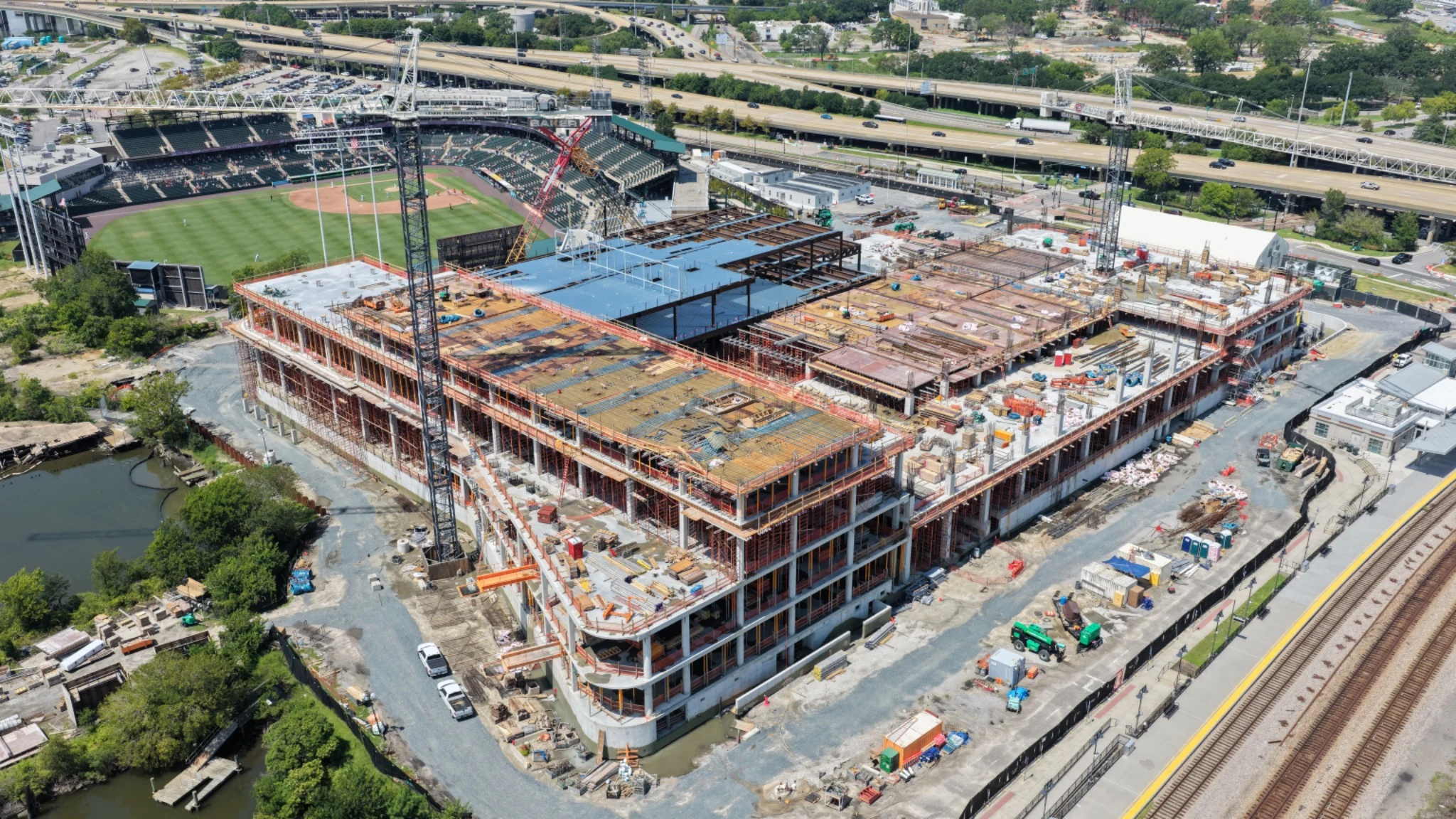 Close oblique view of Norfolk casino structural construction and roofing