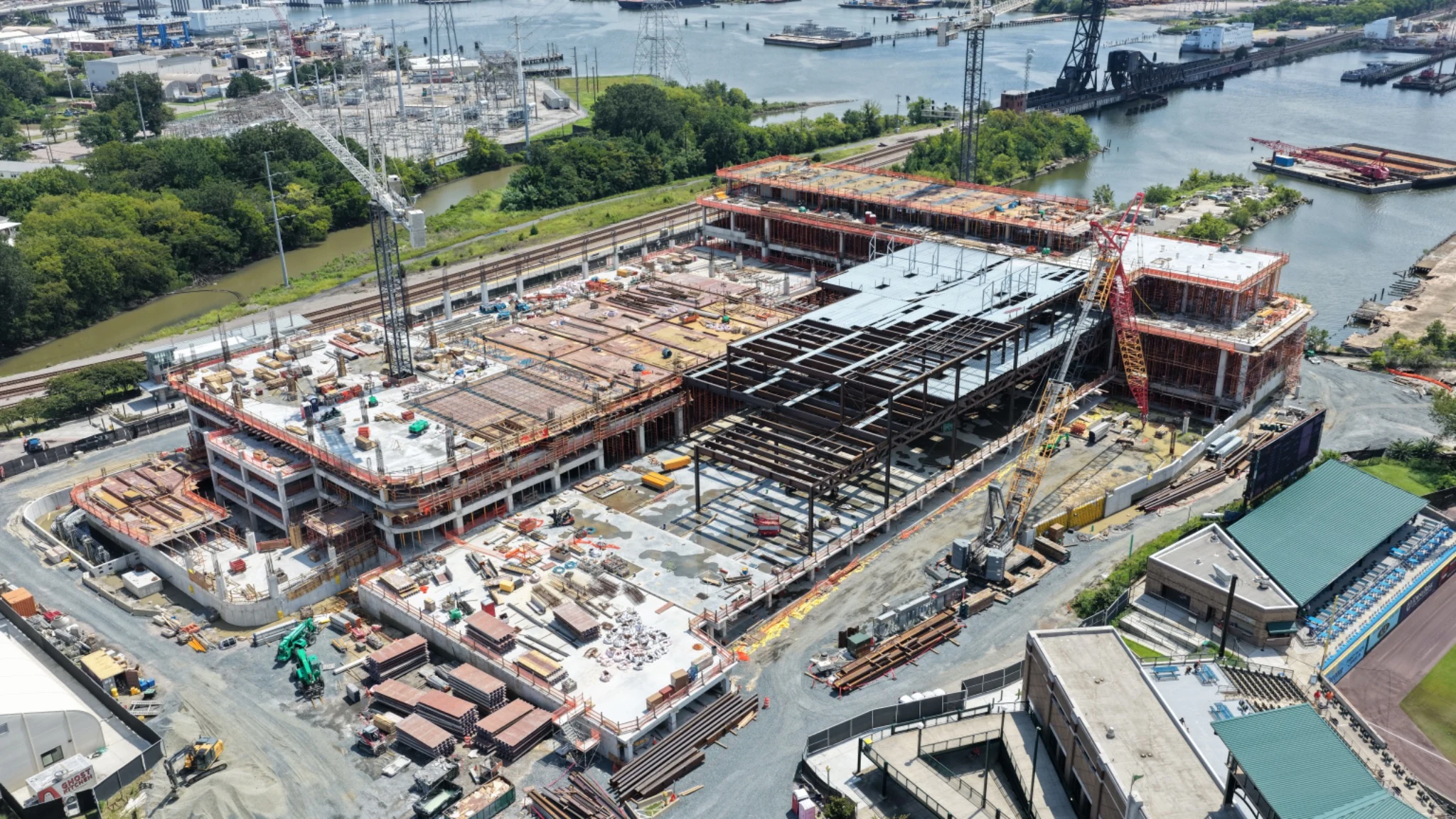 Downward aerial view of Norfolk casino roof, steel and active work areas