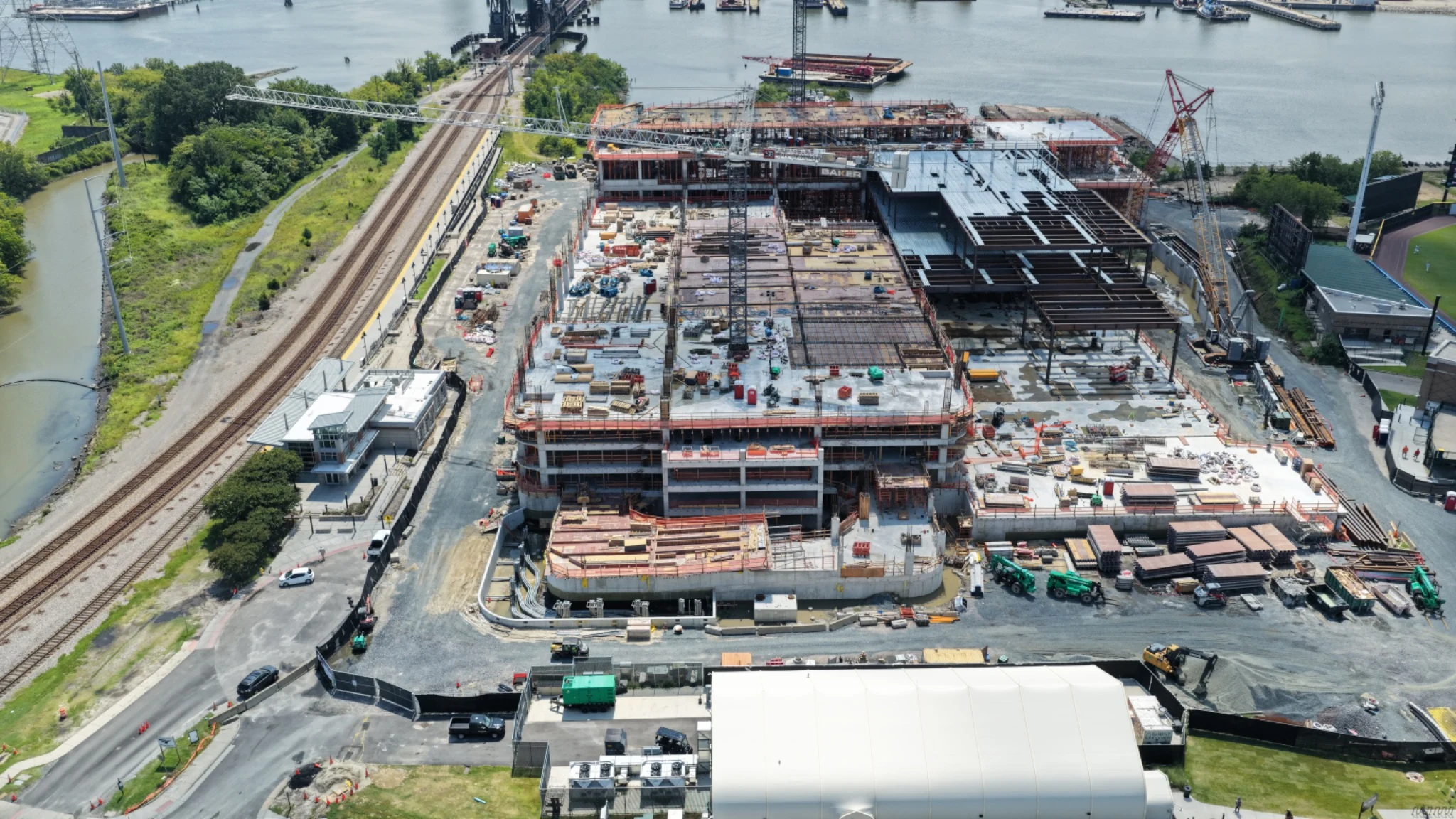 Front elevated view of Norfolk casino roofing and structural progress