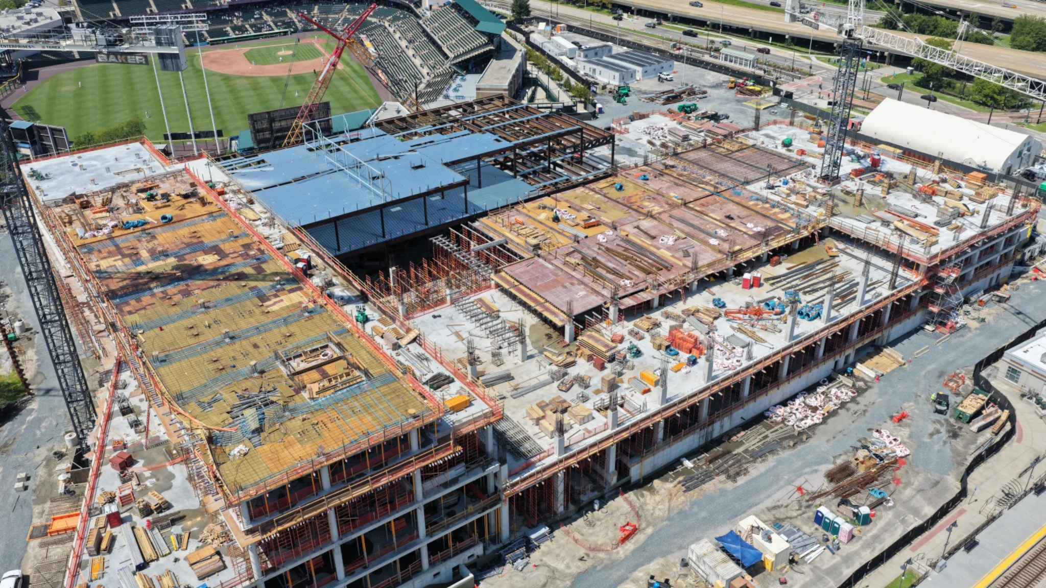 Close aerial detail of Norfolk casino structural steel and roofing