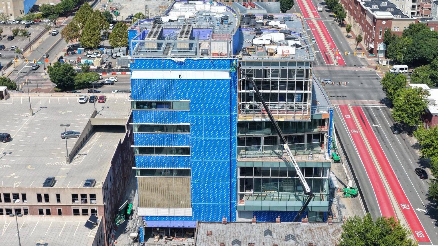 VCU CoStar Center with blue exterior envelope, glazing and urban context