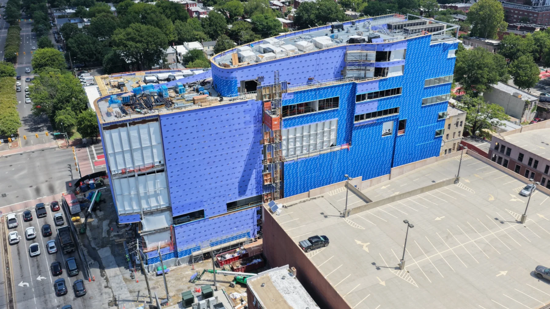 Additional VCU CoStar Center aerial documenting blue exterior envelope, facade openings, access equipment and urban context.