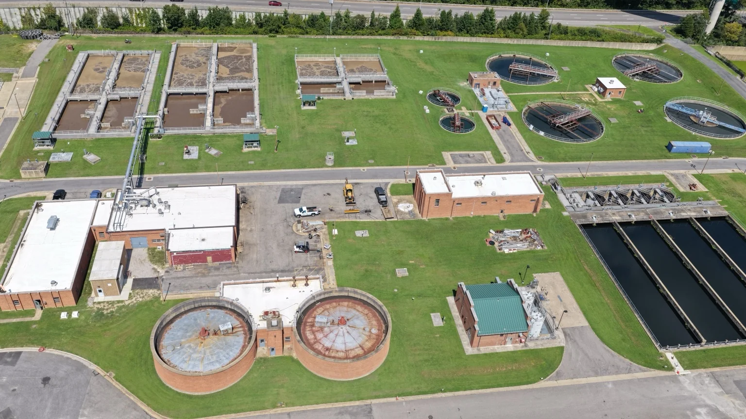 Closer infrastructure view of circular and rectangular treatment assets.